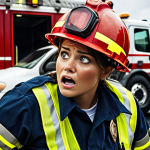 **

Prompt: "A stressed rescuer in uniform, looking overwhelmed at an accident scene. Sirens, flashing lights, emotional distress, but with supportive colleagues nearby offering comfort and guidance."

**