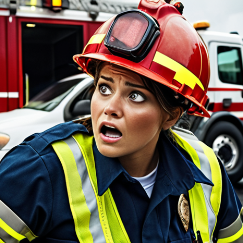 Home 11 **
Prompt: "A stressed rescuer in uniform, looking overwhelmed at an accident scene. Sirens, flashing lights, emotional distress, but with supportive colleagues nearby offering comfort and guidance."
**
