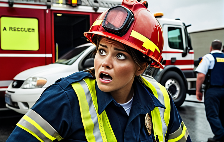 **
Prompt: "A stressed rescuer in uniform, looking overwhelmed at an accident scene. Sirens, flashing lights, emotional distress, but with supportive colleagues nearby offering comfort and guidance."
**