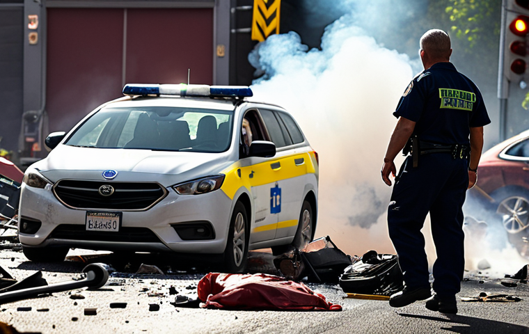 A highly focused paramedic amidst a chaotic multi-vehicle accident scene, intensely observing and documenting details. Dynamic action shot, capturing elements like vehicle debris, smoke, and precise field note-taking on a waterproof pad. The scene should convey urgency and the paramount importance of sharp observation in emergency response. Realistic, professional, high-detail, cinematic lighting.
