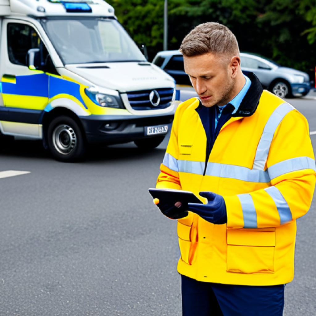 Modern Emergency Responder Data Collection**

"A fully clothed paramedic using a tablet to record patient information at an accident site, ambulance in the background, appropriate attire, safe for work, perfect anatomy, well-formed hands, correct proportions, natural pose, daytime setting, professional photography, high quality, family-friendly, modern technology."

**