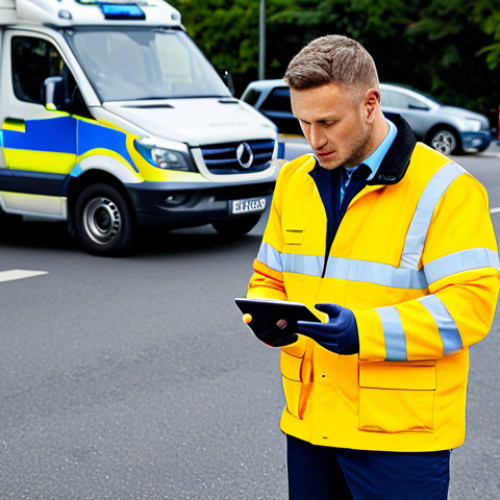 Home 23 Modern Emergency Responder Data Collection**
"A fully clothed paramedic using a tablet to record patient information at an accident site, ambulance in the background, appropriate attire, safe for work, perfect anatomy, well-formed hands, correct proportions, natural pose, daytime setting, professional photography, high quality, family-friendly, modern technology."
**