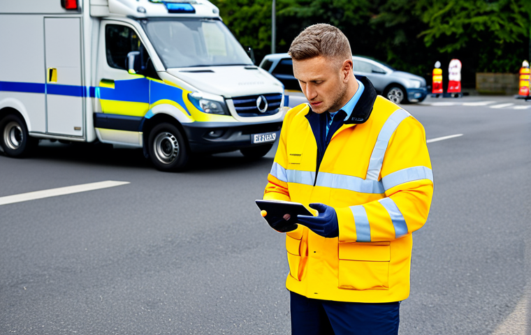 Modern Emergency Responder Data Collection**
"A fully clothed paramedic using a tablet to record patient information at an accident site, ambulance in the background, appropriate attire, safe for work, perfect anatomy, well-formed hands, correct proportions, natural pose, daytime setting, professional photography, high quality, family-friendly, modern technology."
**