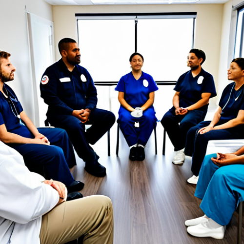 Home 22 Supportive Environment for Emergency Responders**
"A group of diverse, fully clothed paramedics and EMTs in appropriate attire, gathered in a brightly lit break room. Some are talking, others are participating in a guided meditation session led by a healthcare professional. The room has comfortable seating, healthy snacks, and informational posters about mental health resources. safe for work, appropriate content, professional atmosphere, perfect anatomy, correct proportions, family-friendly, well-formed hands, proper finger count, natural body proportions, high quality."
**