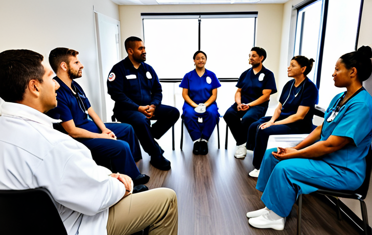 Supportive Environment for Emergency Responders**
"A group of diverse, fully clothed paramedics and EMTs in appropriate attire, gathered in a brightly lit break room. Some are talking, others are participating in a guided meditation session led by a healthcare professional. The room has comfortable seating, healthy snacks, and informational posters about mental health resources. safe for work, appropriate content, professional atmosphere, perfect anatomy, correct proportions, family-friendly, well-formed hands, proper finger count, natural body proportions, high quality."
**