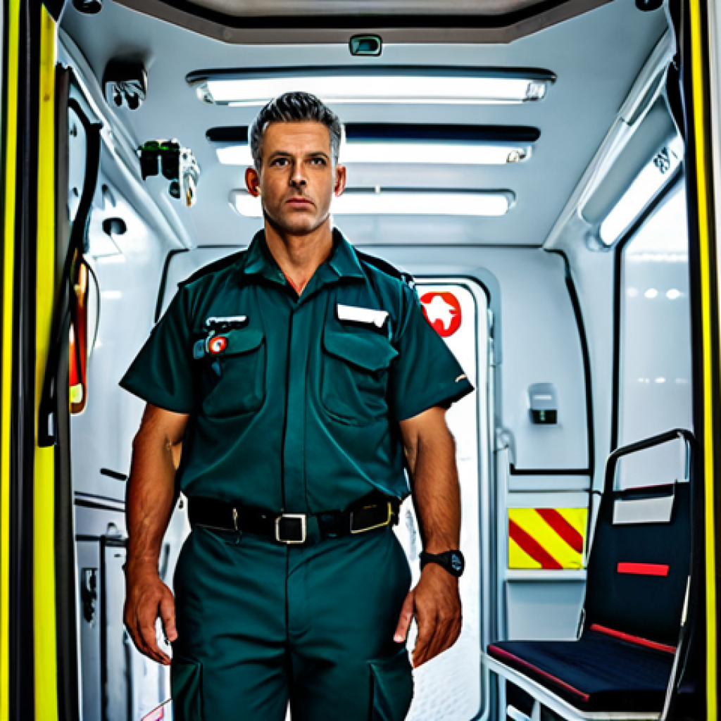 Reflective Paramedic**

"A paramedic in uniform, standing in a quiet ambulance bay after a shift, fully clothed, appropriate attire, safe for work, perfect anatomy, natural proportions, deep in thought, reflecting on the day's events, subtle lighting, professional, modest, family-friendly."

**