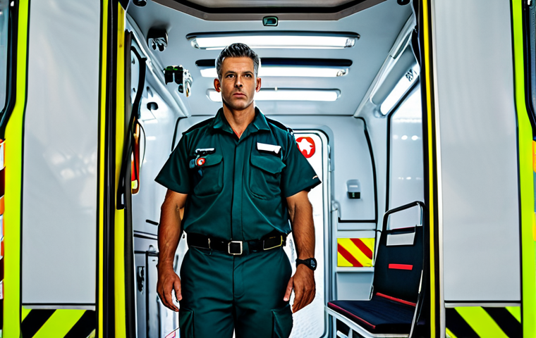 Reflective Paramedic**
"A paramedic in uniform, standing in a quiet ambulance bay after a shift, fully clothed, appropriate attire, safe for work, perfect anatomy, natural proportions, deep in thought, reflecting on the day's events, subtle lighting, professional, modest, family-friendly."
**