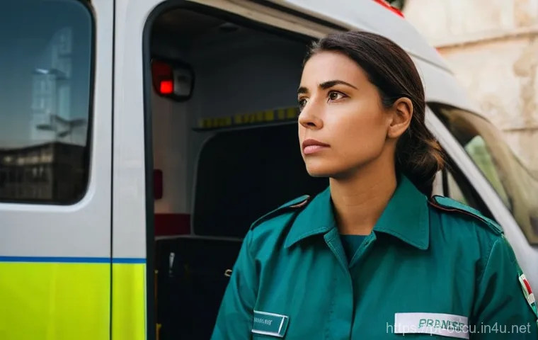 응급구조사 장기 근무자의 조언 - **Prompt:** "Two paramedics, one male and one female, both in standard Portuguese paramedic uniforms...