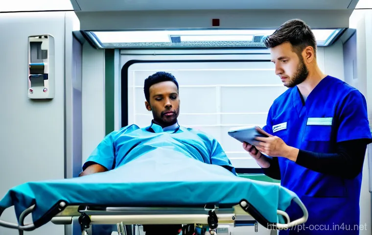 응급구조사와 환자 안전 관리 - **Prompt:** A dynamic scene depicting three paramedics in professional, identifiable uniforms (e.g.,...