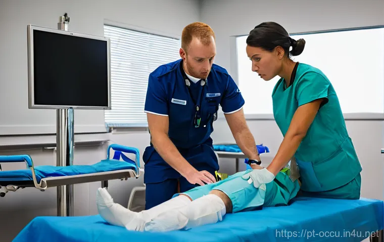 응급구조사와 환자 안전 관리 - **Prompt:** Inside a modern, well-lit ambulance, two paramedics in clean, professional uniforms are ...