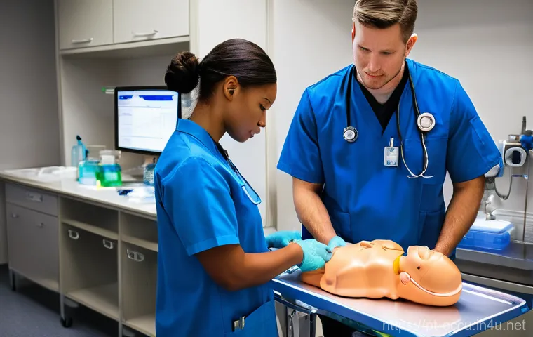 응급구조사 교육 세미나 후기 - **Prompt 1: Advanced Paramedic Training Simulation**
"A group of diverse, professional paramedic...