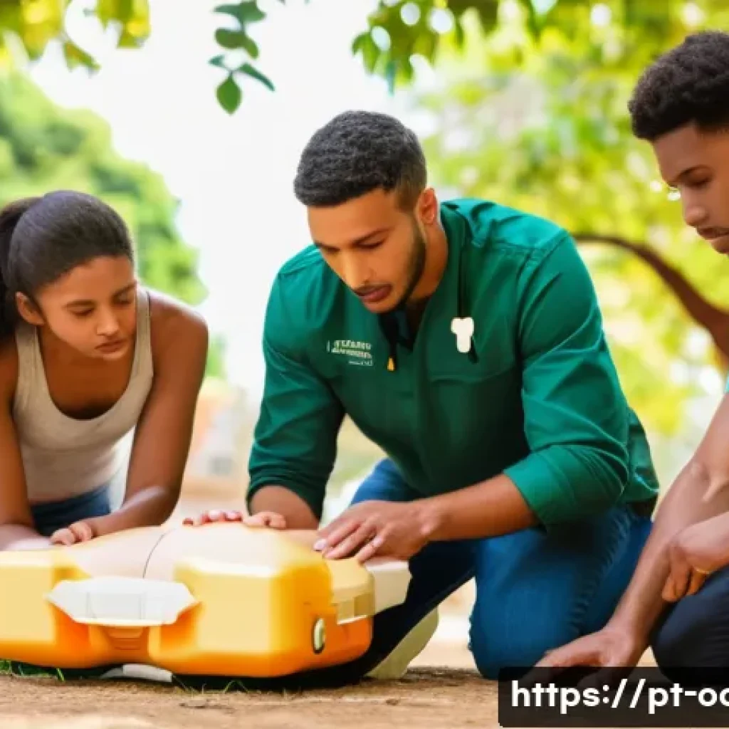 응급구조사와 시민 협력 사례 - A diverse group of Brazilian community members in a vibrant neighborhood park, actively participatin...