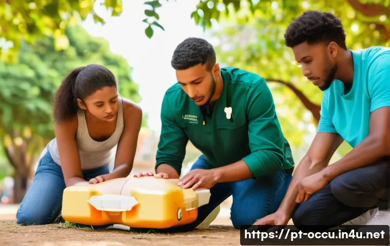 응급구조사와 시민 협력 사례 - A diverse group of Brazilian community members in a vibrant neighborhood park, actively participatin...