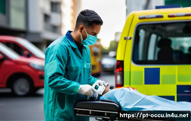 응급구조사 커리어패스 - A Brazilian emergency medical technician (EMT) in uniform with reflective stripes, wearing medical g...