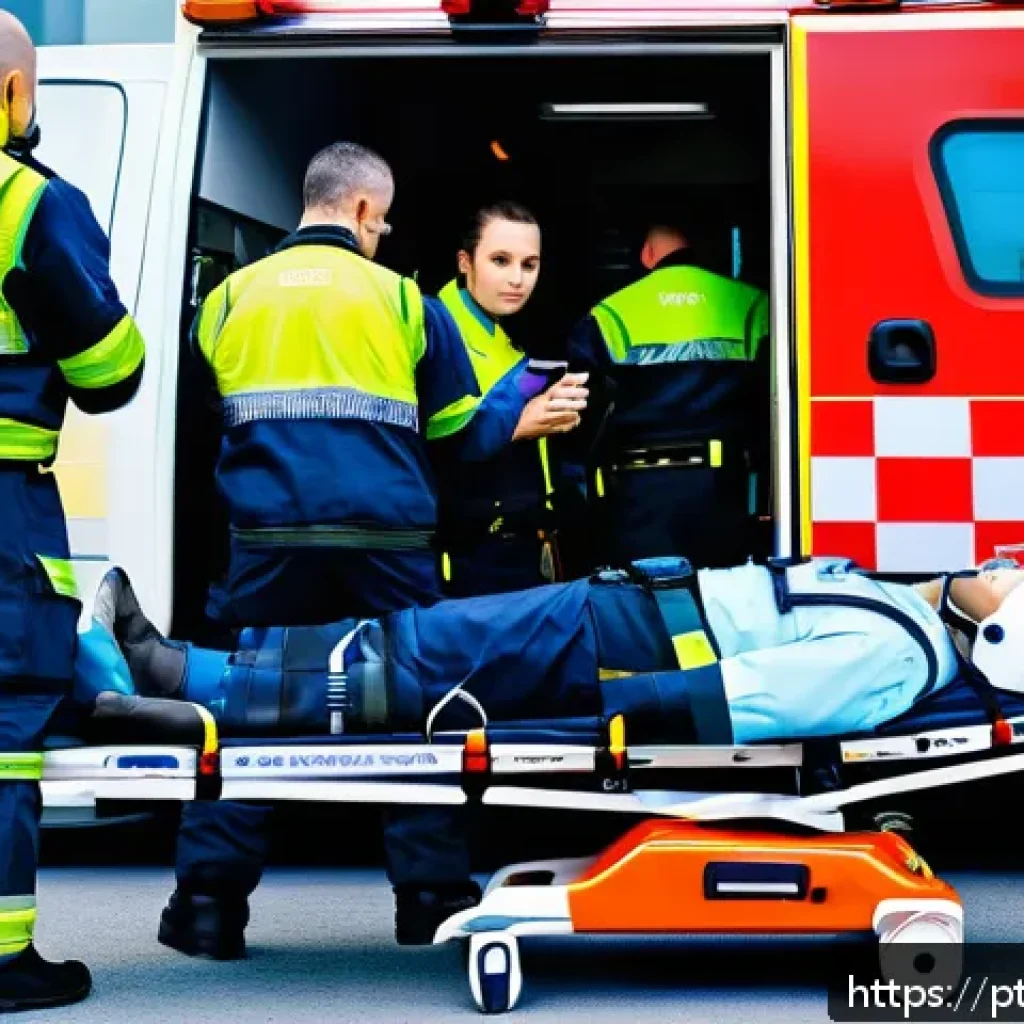 응급구조사 팀워크 사례 - A dynamic emergency rescue scene in a busy urban environment during daylight, featuring a diverse te...