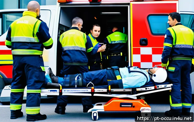 응급구조사 팀워크 사례 - A dynamic emergency rescue scene in a busy urban environment during daylight, featuring a diverse te...