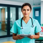 응급구조사 해외 취업 가이드 - A professional emergency healthcare worker wearing a neat medical uniform and ID badge, standing con...