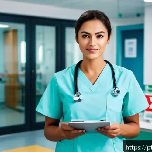 응급구조사 해외 취업 가이드 - A professional emergency healthcare worker wearing a neat medical uniform and ID badge, standing con...