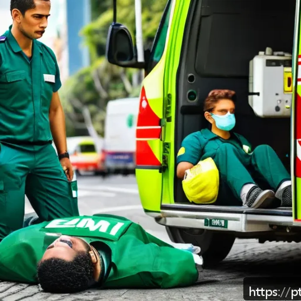 응급구조사와 의료 체계 이해 - A highly detailed scene of a paramedic emergency medical technician (EMT) in action at a roadside ac...