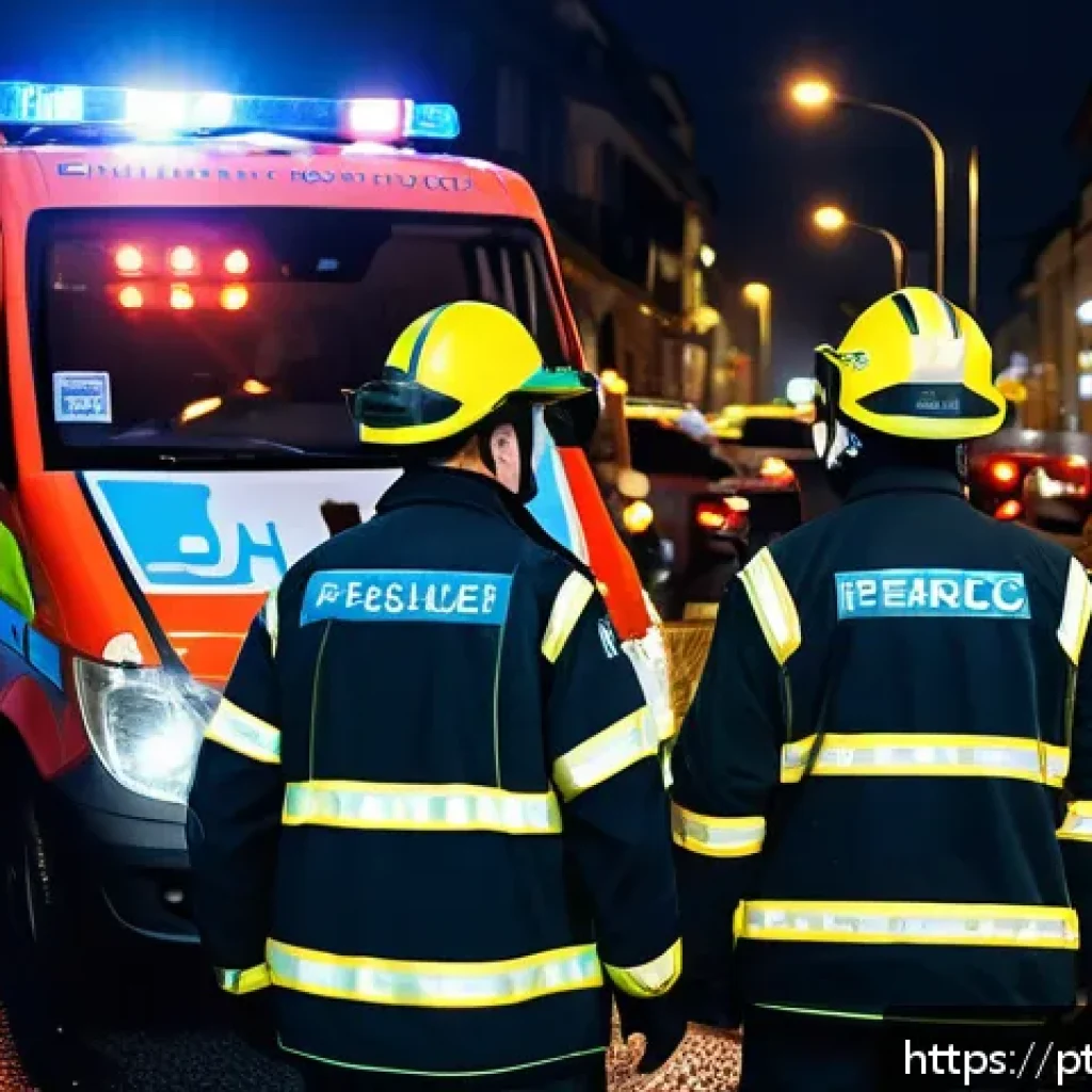 응급구조사 출동 중 발생한 문제 해결법 - A chaotic urban emergency scene at dusk with paramedics and firefighters wearing full uniforms and p...