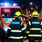 응급구조사 출동 중 발생한 문제 해결법 - A chaotic urban emergency scene at dusk with paramedics and firefighters wearing full uniforms and p...