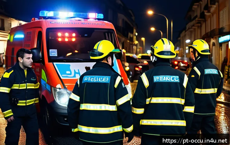 응급구조사 출동 중 발생한 문제 해결법 - A chaotic urban emergency scene at dusk with paramedics and firefighters wearing full uniforms and p...