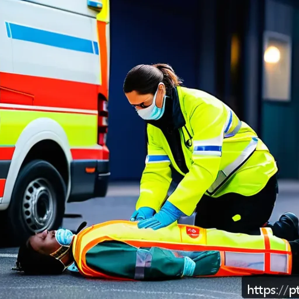 응급구조사 면접 질문 - A skilled Emergency Medical Technician (EMT) in action, wearing professional EMS uniform with reflec...