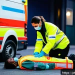 응급구조사 면접 질문 - A skilled Emergency Medical Technician (EMT) in action, wearing professional EMS uniform with reflec...