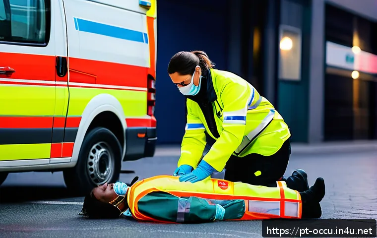 응급구조사 면접 질문 - A skilled Emergency Medical Technician (EMT) in action, wearing professional EMS uniform with reflec...