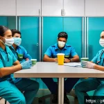 응급구조사와 심리적 회복 기술 - A focused scene depicting a group of Brazilian emergency medical responders in full uniform, wearing...