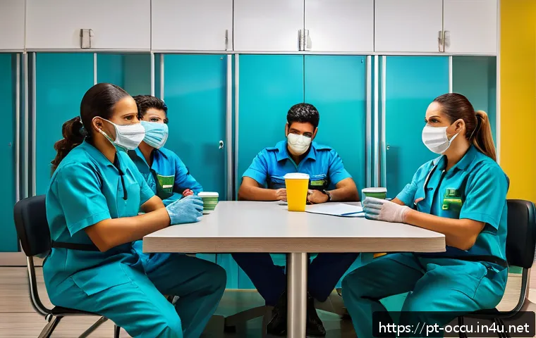 응급구조사와 심리적 회복 기술 - A focused scene depicting a group of Brazilian emergency medical responders in full uniform, wearing...