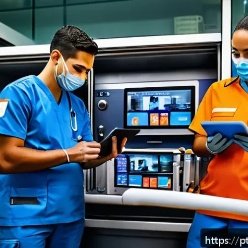응급구조사와 병원 연계 사례 - A detailed scene showing Brazilian paramedics in orange and blue uniforms using advanced digital tab...