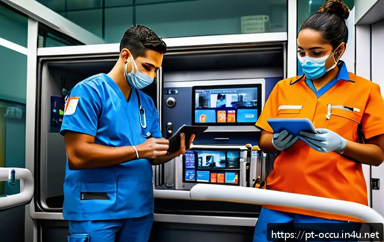 응급구조사와 병원 연계 사례 - A detailed scene showing Brazilian paramedics in orange and blue uniforms using advanced digital tab...