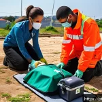 응급구조사 안전교육 - A skilled emergency responder in a vibrant urban Brazilian setting, wearing professional first aid u...