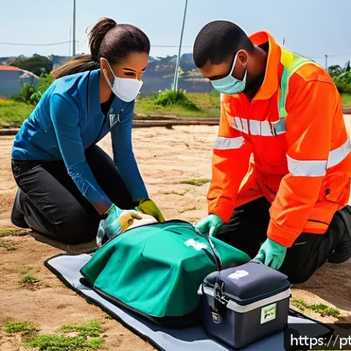 응급구조사 안전교육 - A skilled emergency responder in a vibrant urban Brazilian setting, wearing professional first aid u...