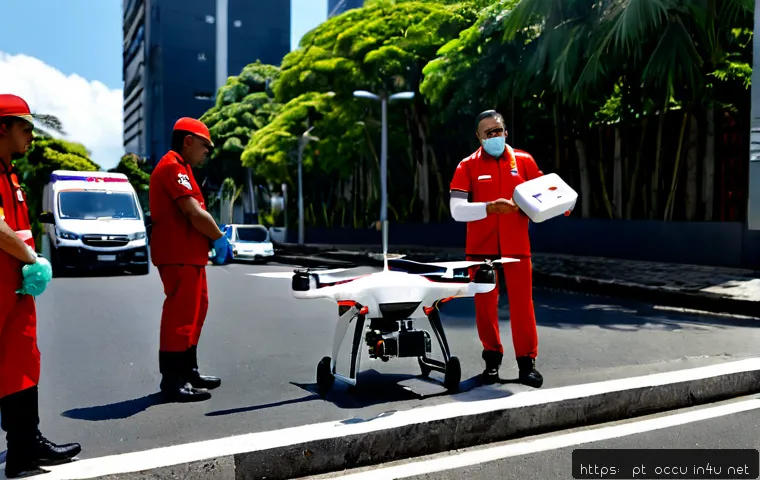 Home 17 응급구조사와 드론 의료 - Photorealistic emergency medical responder in a clean red-and-white uniform receiving a compact medi...