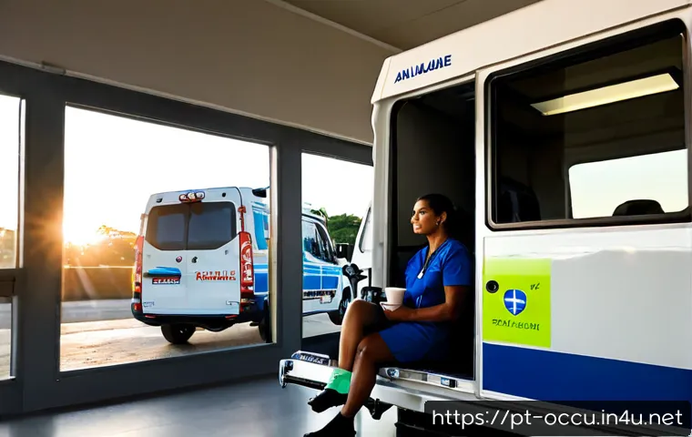 Home 17 응급구조사와 워라밸 유지 - Photorealistic Brazilian emergency medical technician in a clean modern ambulance station after a sh...