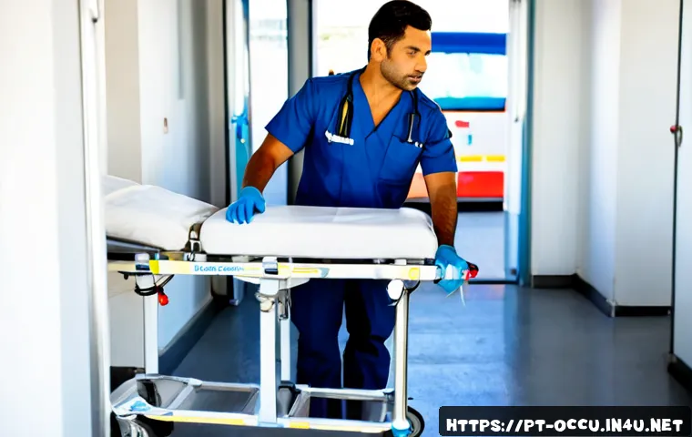 응급구조사 근무환경 - Photorealistic Brazilian emergency medical technician in a clean ambulance station, calmly checking ...