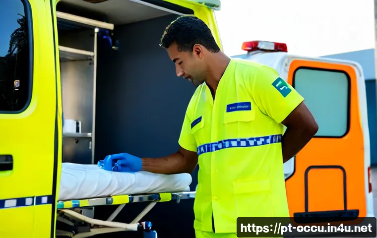 응급구조사와 보건의료 정책 - Photorealistic Brazilian emergency medical responder in a clean ambulance bay, wearing a plain high-...